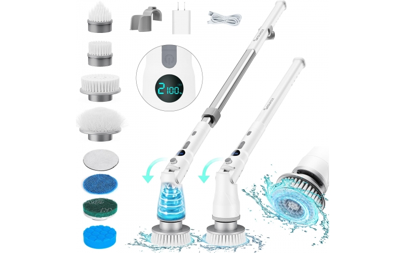 Electric Spin Scrubber, 80W Cordless Bathroom Shower Ergonomics Scrubber with 8 Cleaning Heads, 5000mah Dual Speed Power Scrubber with 54